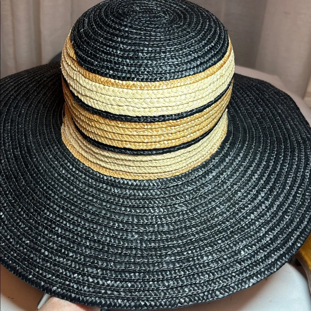 Unbranded Black and Tan Natural Straw Wide Brimmed Sun Hat One Size